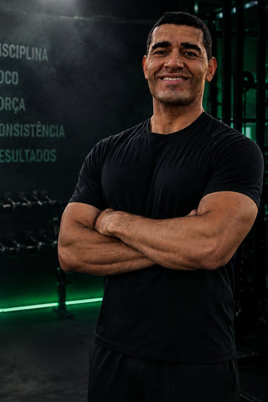 Gilberto Alves, personal trainer, de braços cruzados na academia com iluminação verde neon