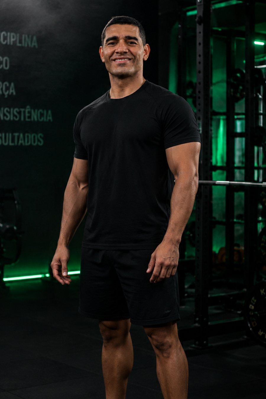 Gilberto Alves, personal trainer, em pé na academia com iluminação verde neon